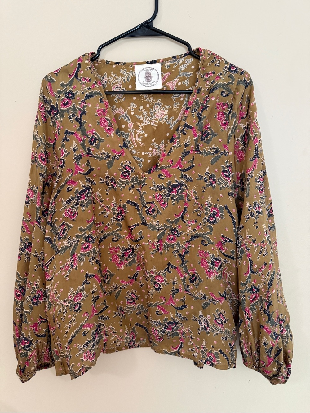 Muche Muchettw Floral Blouse in Olive with Pink Accents. Easy top to dress up or